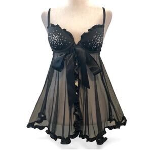 Victoria’s Secret Sexy Little Things Black Mesh Rhinestone Babydoll 34B Medium